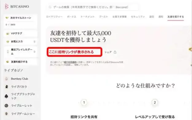 【最大5,000USDT(約74万円)とフリースピン獲得のチャンス!期間限定で友達紹介の報酬が増量中!】 ビットカジノ 2024/4/1まで